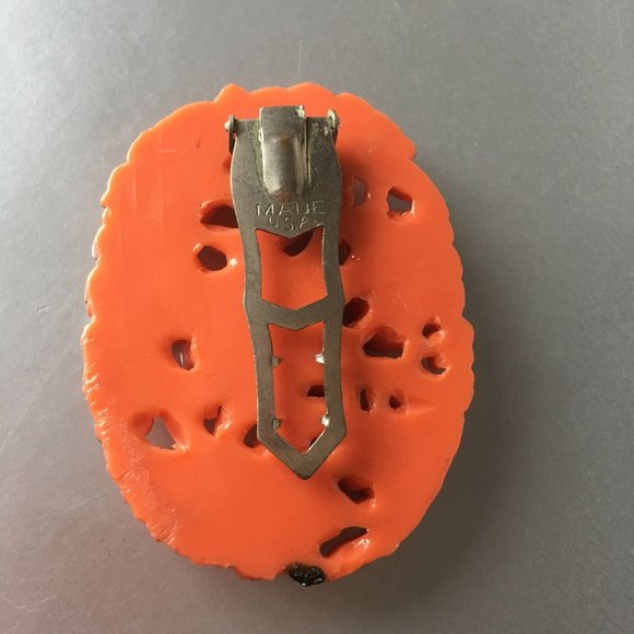 Floral Celluloid Orange Dress Clip Pin Vintage Costume Jewelry made in USA - Picture 3 of 5